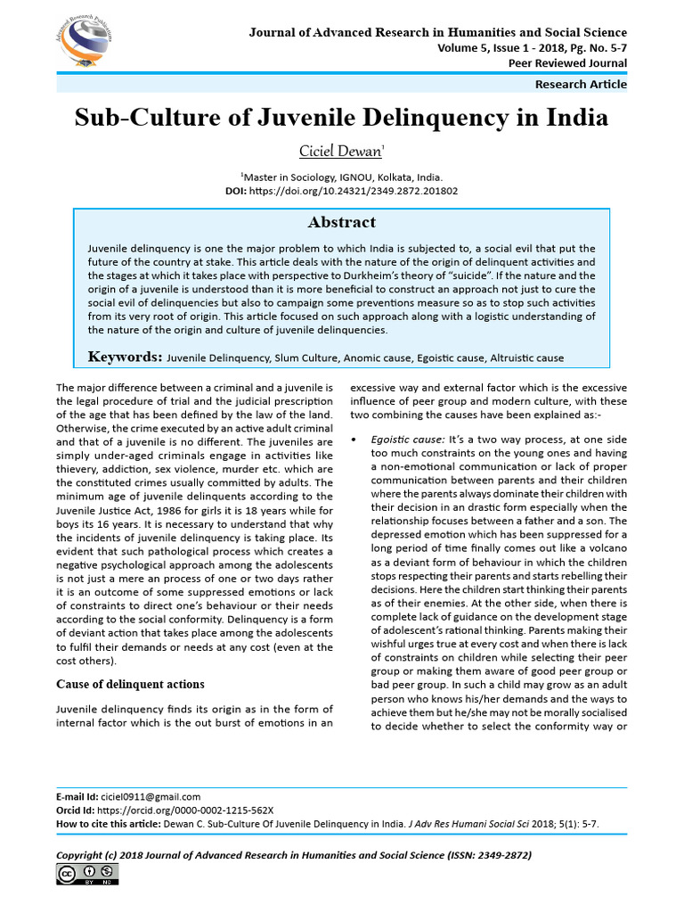 Sub Culture of Juvenile Delinquency in I | PDF | Juvenile Delinquency ...