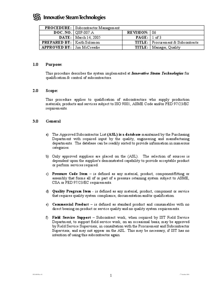 Subcontractor Management Procedure | PDF | Quality Management System ...