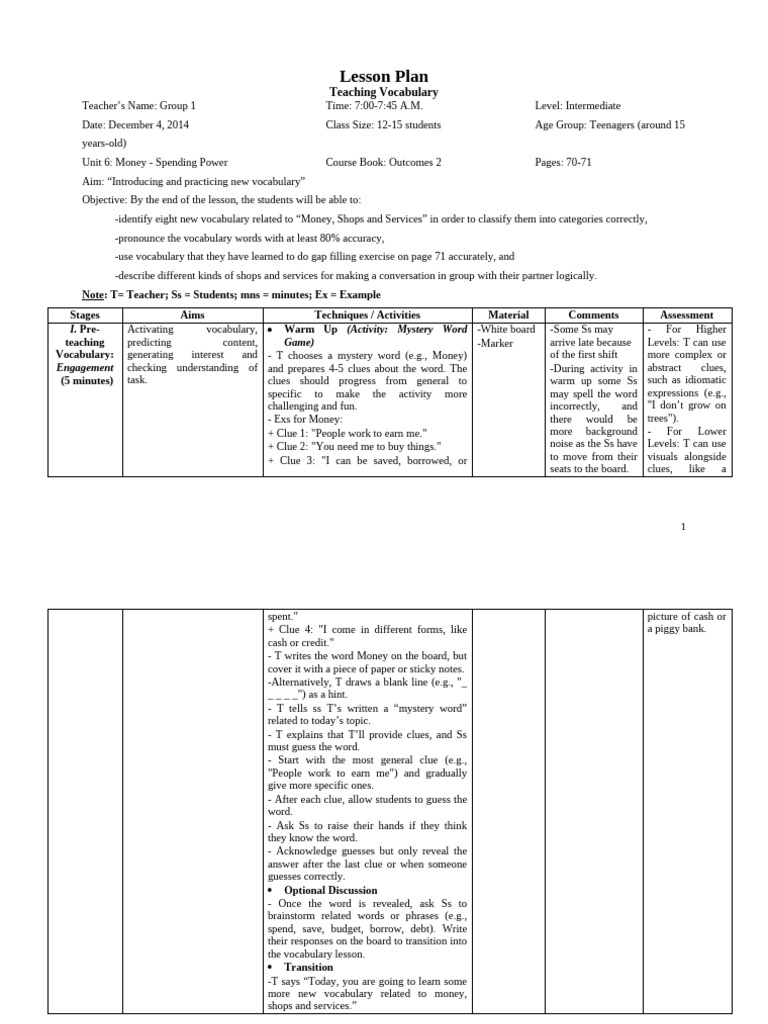 Verisys Vocabulary Lesson Plan | PDF | Vocabulary | Fluency