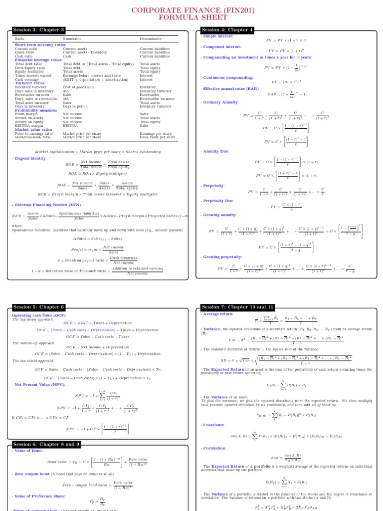 Corporate Finance Formula Sheet | PDF | Cost Of Capital | Equity (Finance)