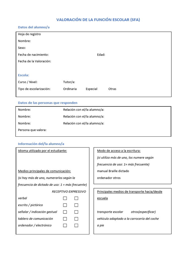 Valoración de la Función Escolar (SFA) | PDF | Comunicación | Salón de ...