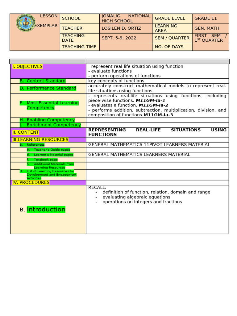 Grade 11 General Math Lesson Exemplar | PDF | Function (Mathematics ...