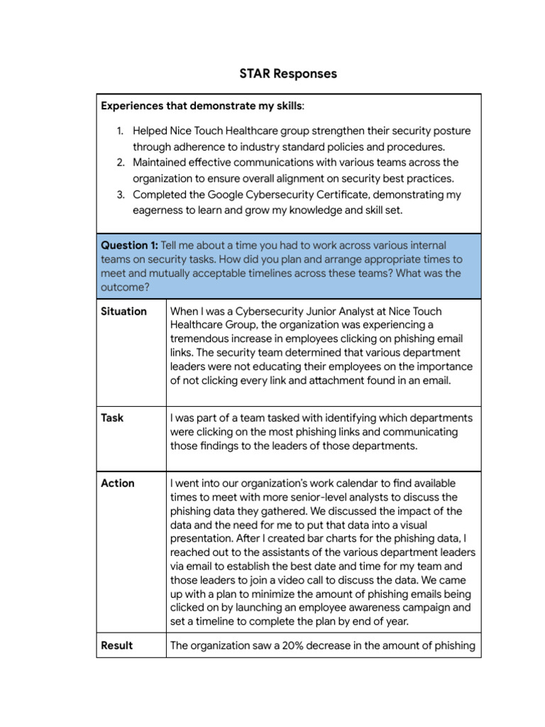 STAR Responses Exemplar | PDF | Computer Security | Security