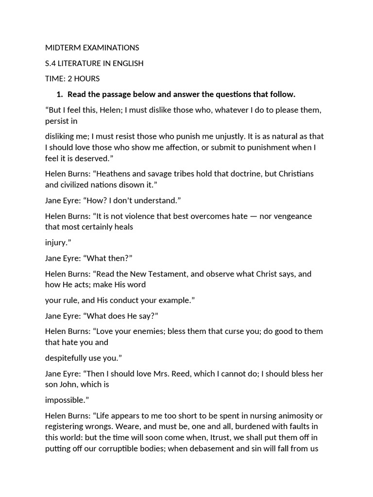 s.4 test | PDF | Jane Eyre | Religious Belief And Doctrine - Anne Planders Advisor Doctrine Electrical Test