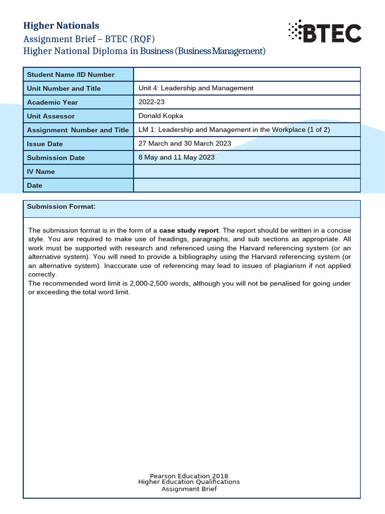 Unit 4 - Leadership and Managment - Assignment Brief #1 | PDF ...