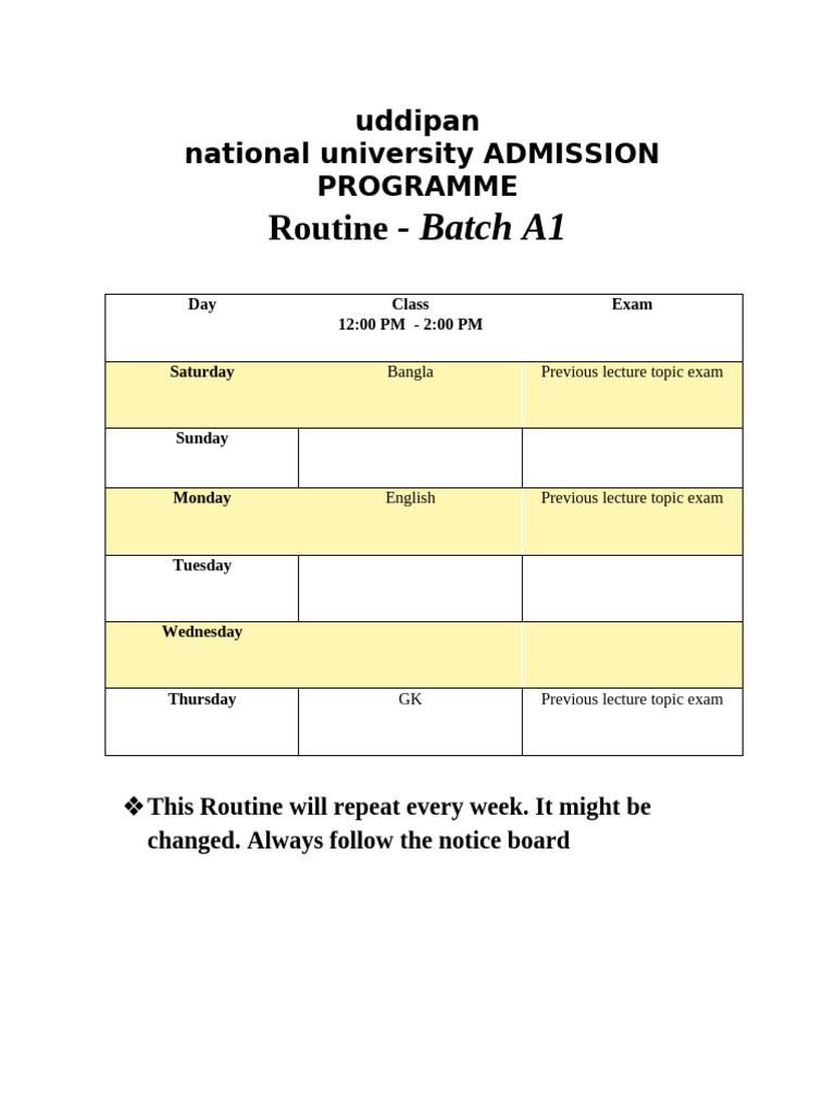 Uddipan National University Admission Routine | PDF