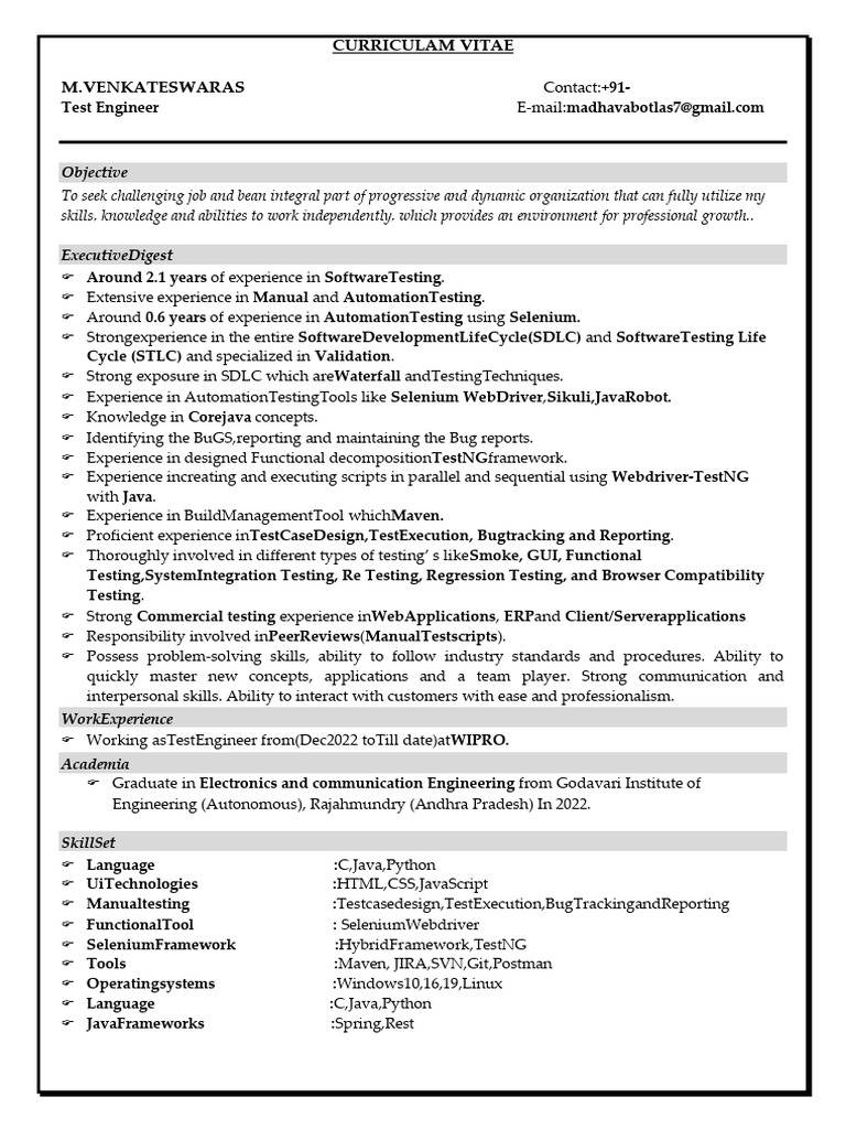 Test Engineer CV - M. Venkateswara Sarma | PDF | Selenium (Software ...