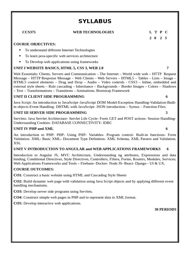 CCS375 Web Technologies Syllabus | PDF | World Wide Web | Internet & Web