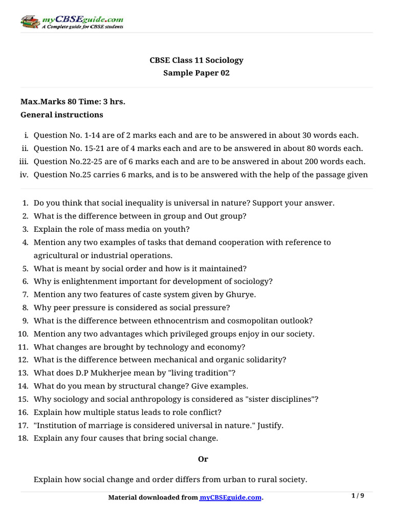CBSE Class 11 Sociology Sample Paper 02 | PDF | Sociology | Particulates