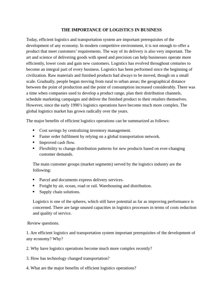 Importance of Logistics in Business | PDF | Logistics | Transport