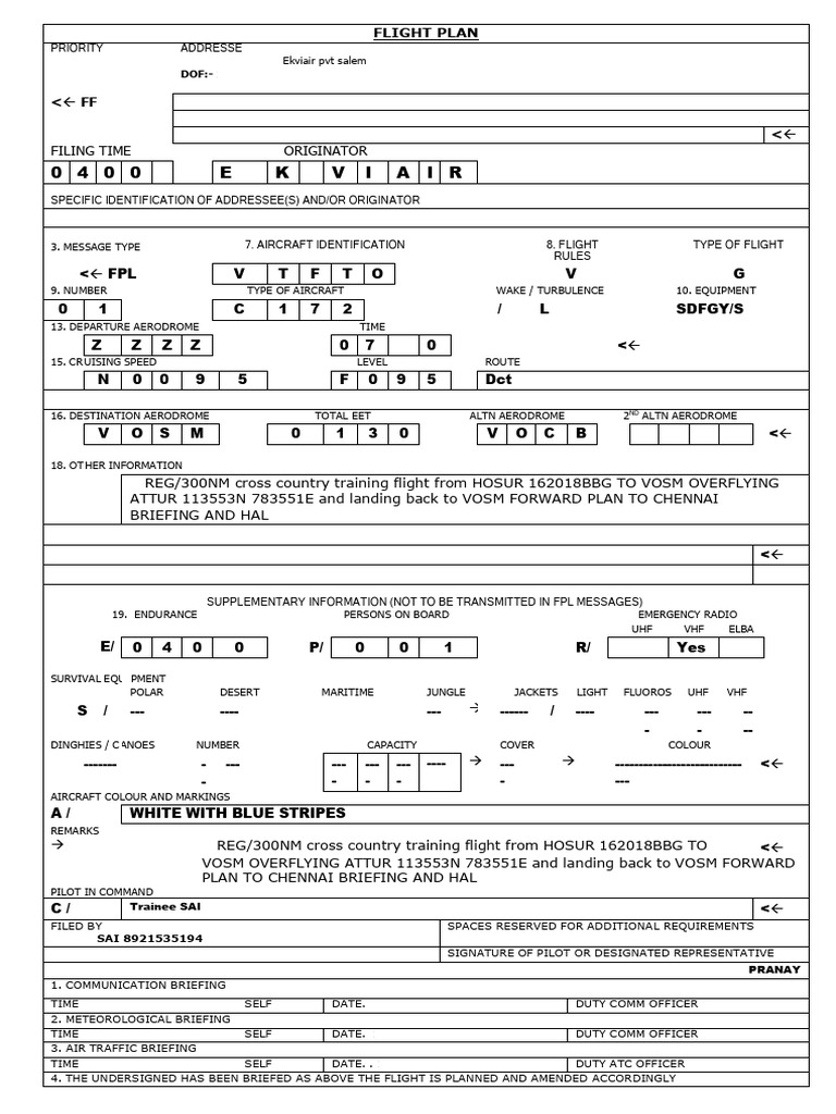 Cross Country Flight Plan to VOSM | PDF