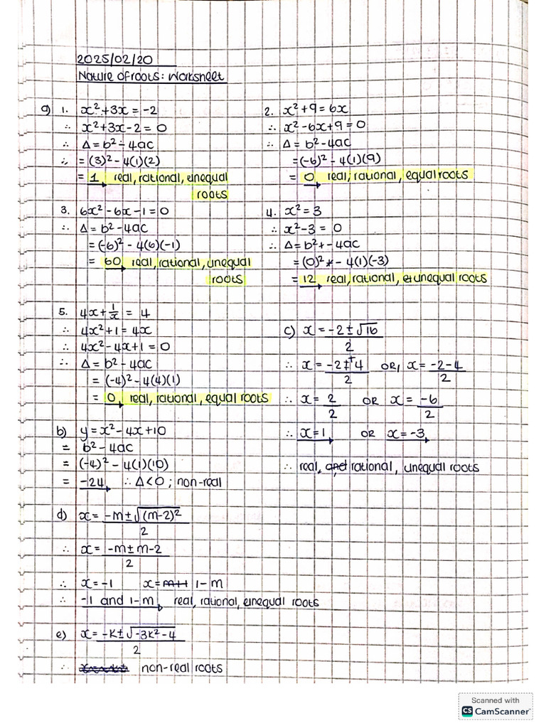 Worksheet Nature of Roots | PDF
