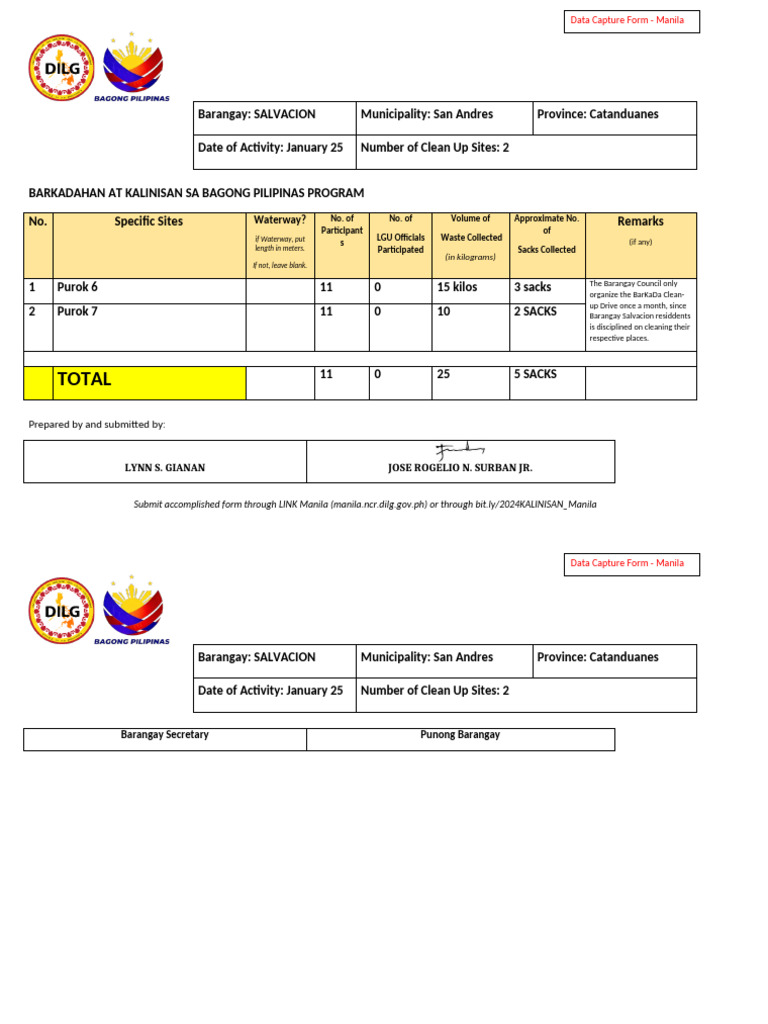 KALINISAN SA BAGONG PILINAS PROGRAM - Data Capture Form (1) | PDF ...