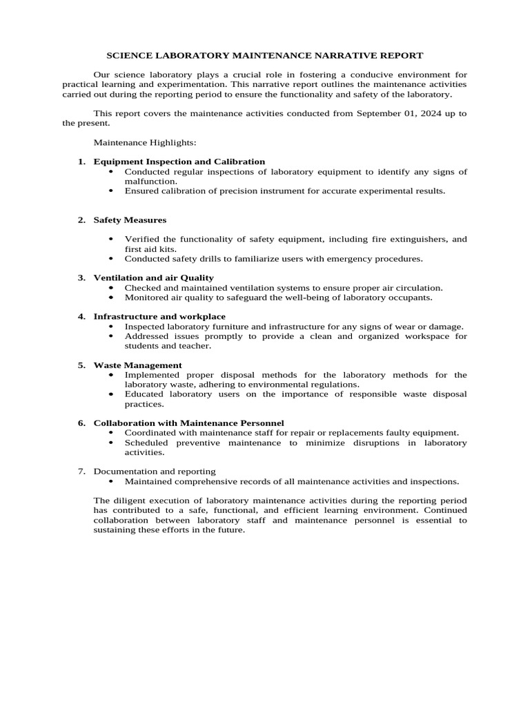 Science Lab Maintenance Report 2024 | PDF