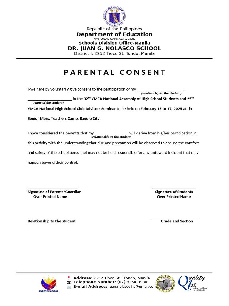 Parental Consent Form for YMCA Event | PDF