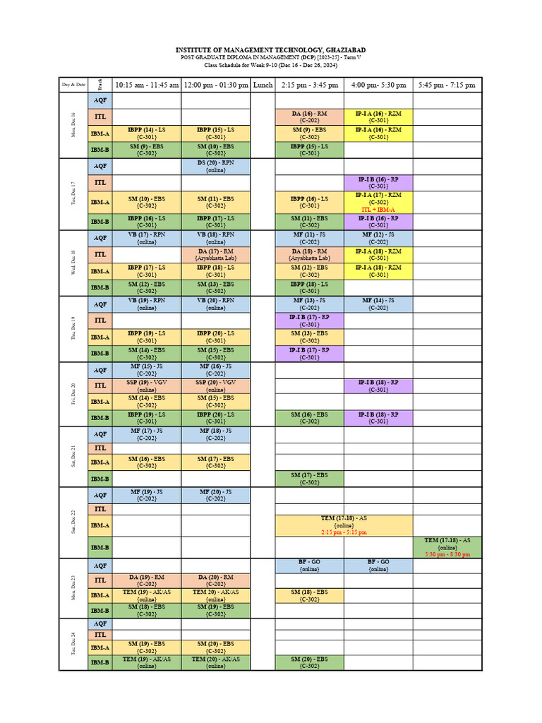Class Schedule for PGDM Term V | PDF