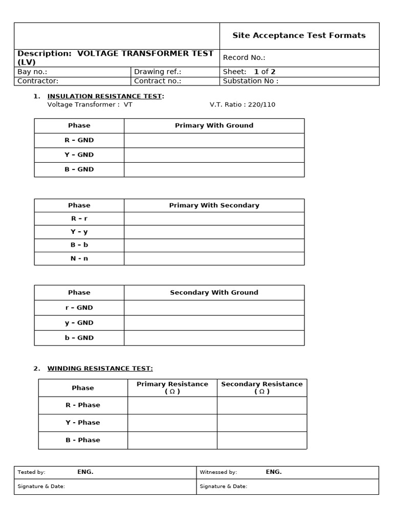 Voltage Transformer Test Formats | PDF