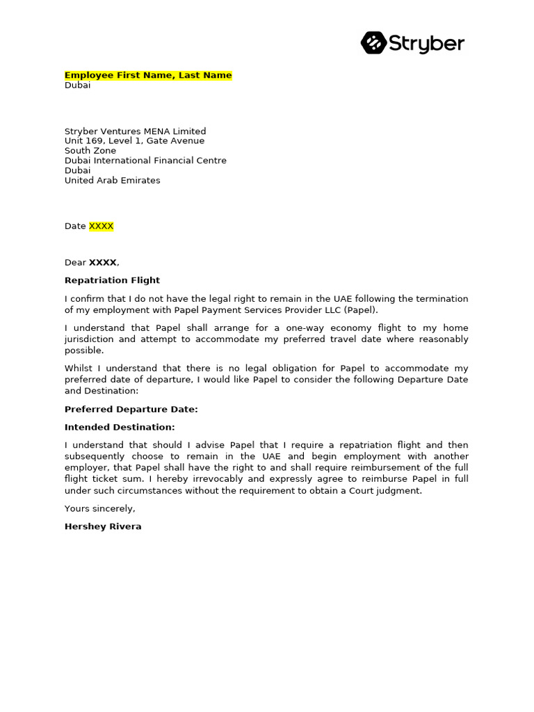 DIFC Repat Flight (Letter of Undertaking) | PDF