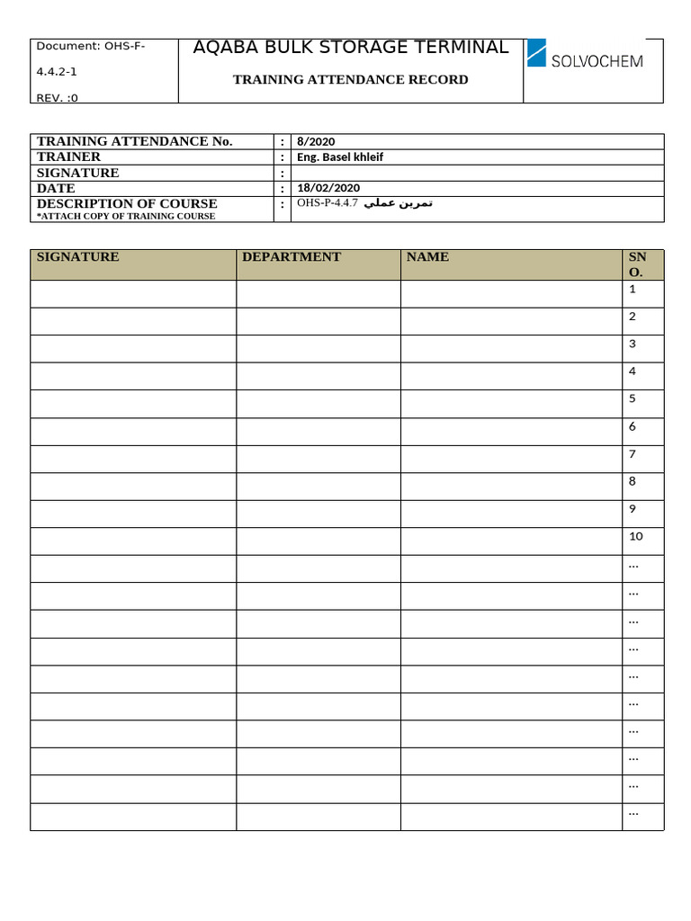 Aqaba Bulk Storage Terminal Training Record | PDF