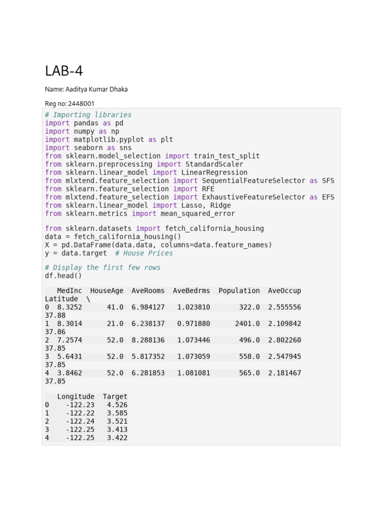 MDS372_LAB4_2448001 | PDF | Mean Squared Error | Applied Mathematics