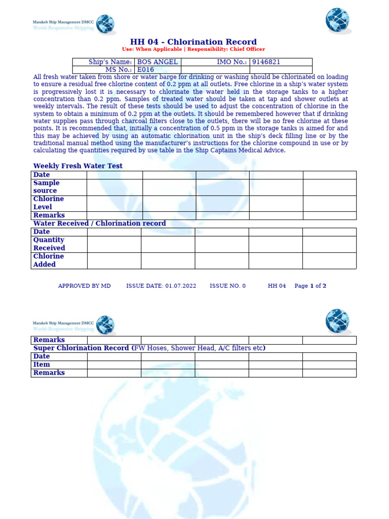 Chlorination Record for Ship Water Safety | PDF