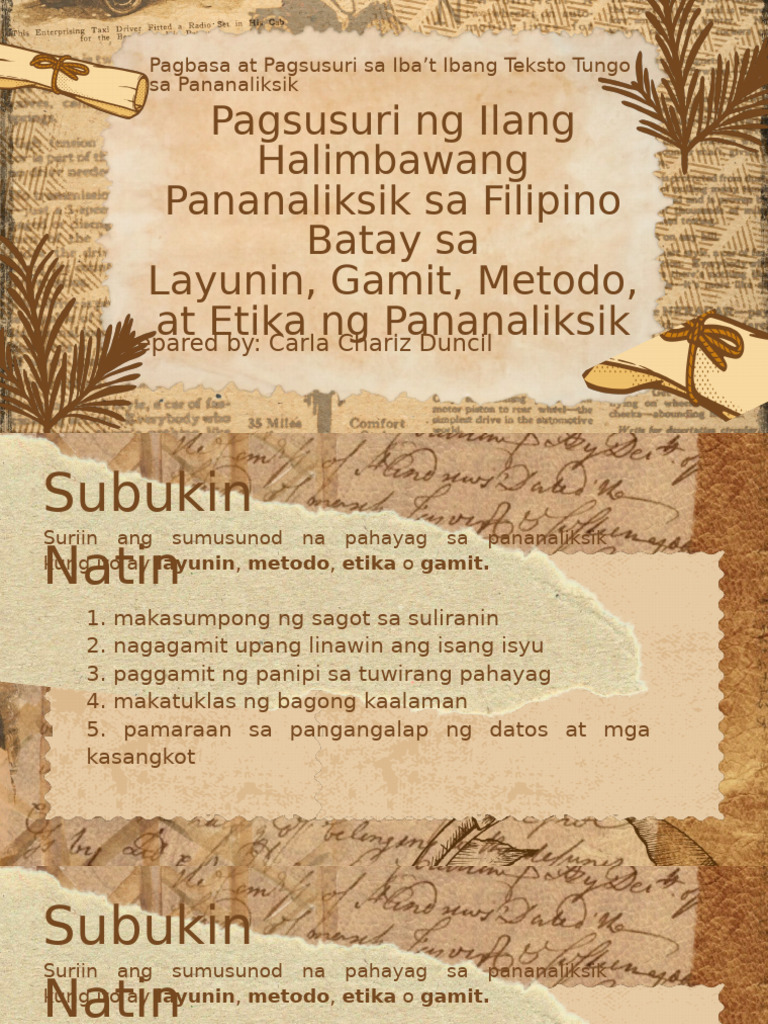 Pagsusuri NG Ilang Halimbawang Pananaliksik Sa Filipino Batay Sa ...