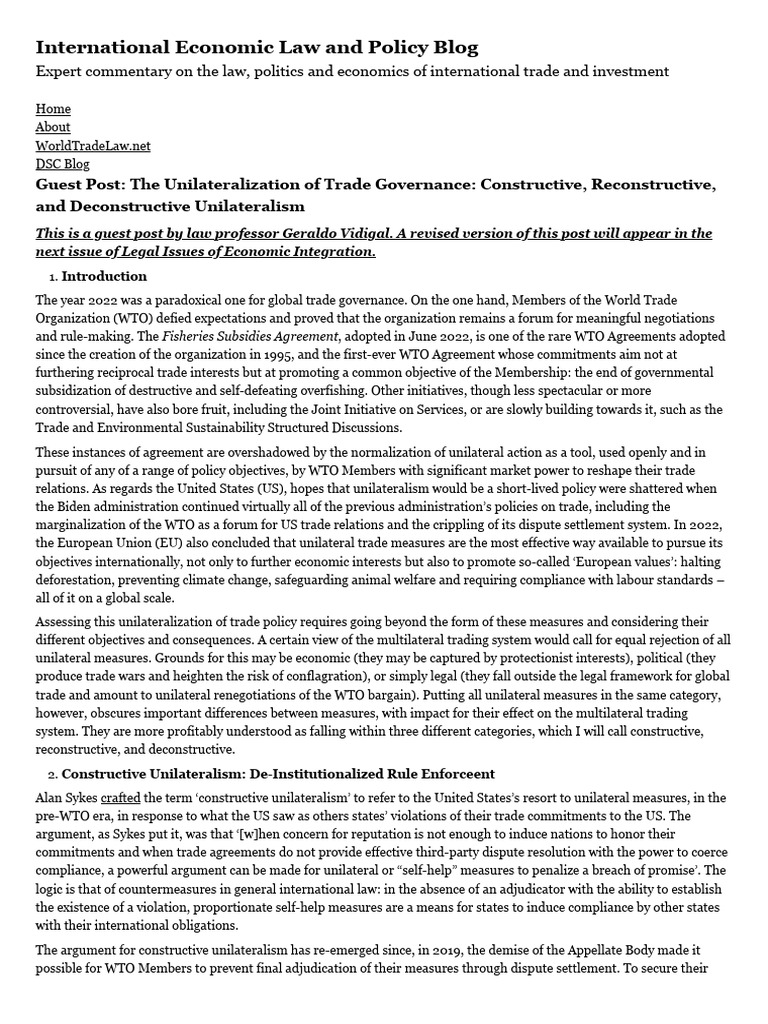 Unilateralism in Global Trade Governance | PDF | World Trade ...