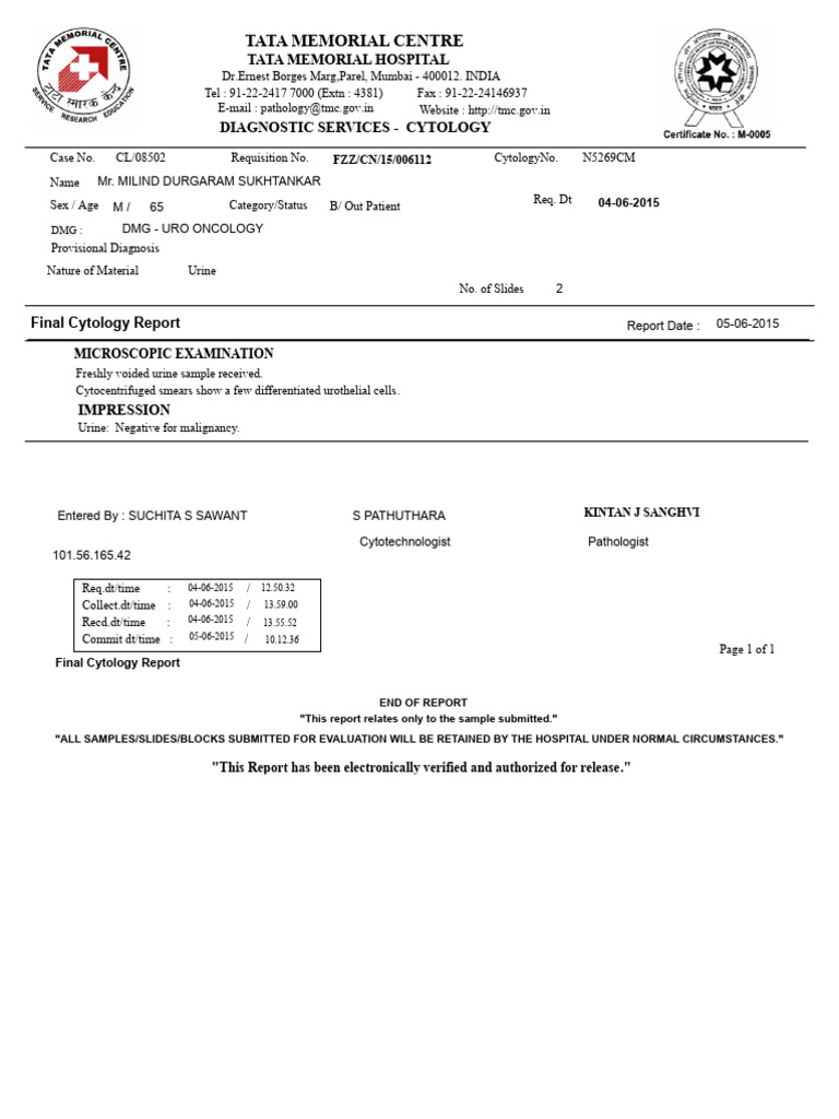 TATA Memorial Centre Cytology Report | PDF | Cytopathology | Medical ...