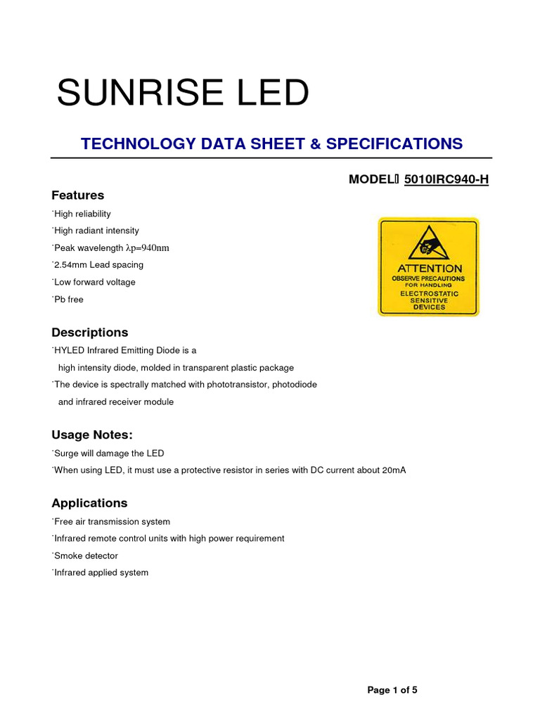 5010IRC940-H Infrared LED Specifications | PDF | Light Emitting Diode ...