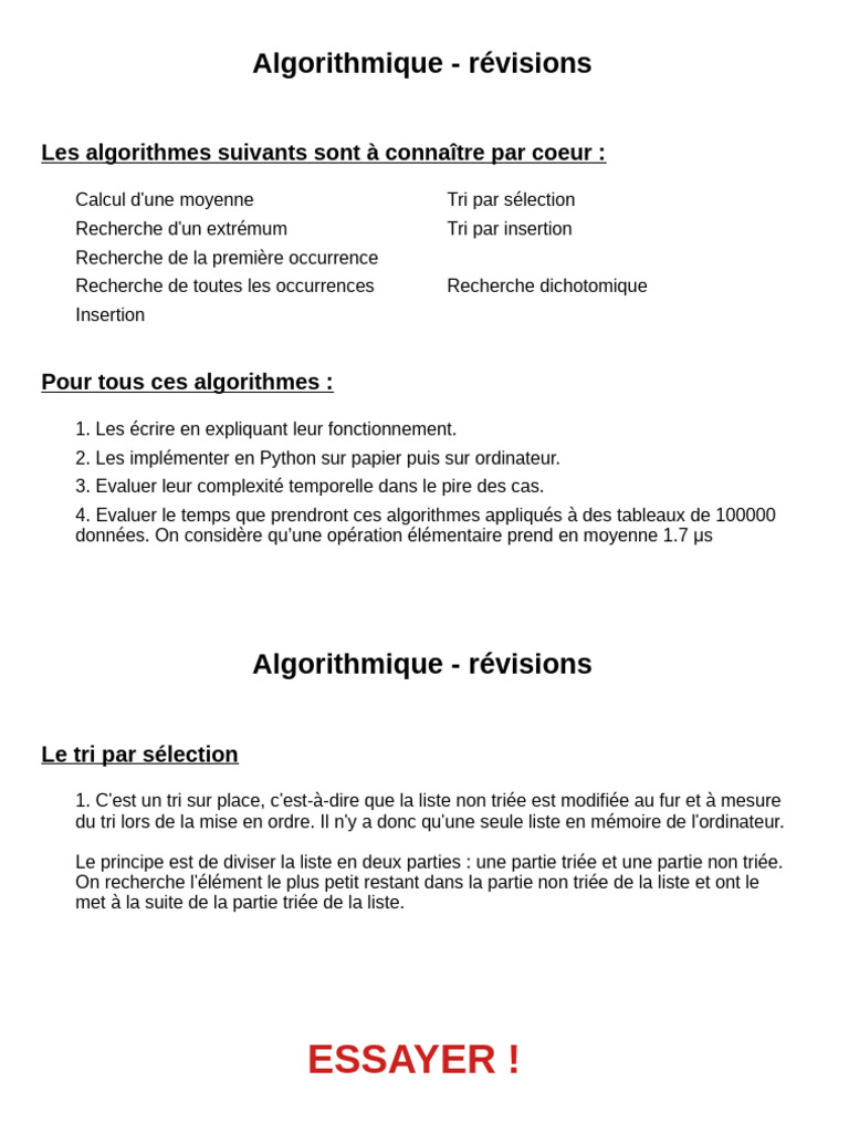 Révisions des algorithmes de tri en Python | PDF | Informatique ...