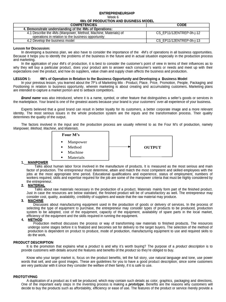 4Ms of Production & Business Model Guide | PDF | Supply Chain ...