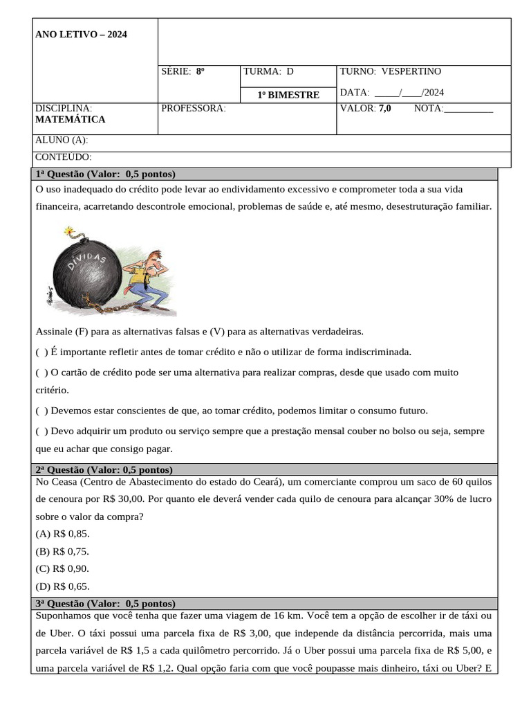 Atividades de Educação Financeira 8º Ano | PDF | Dinheiro | Educação ...