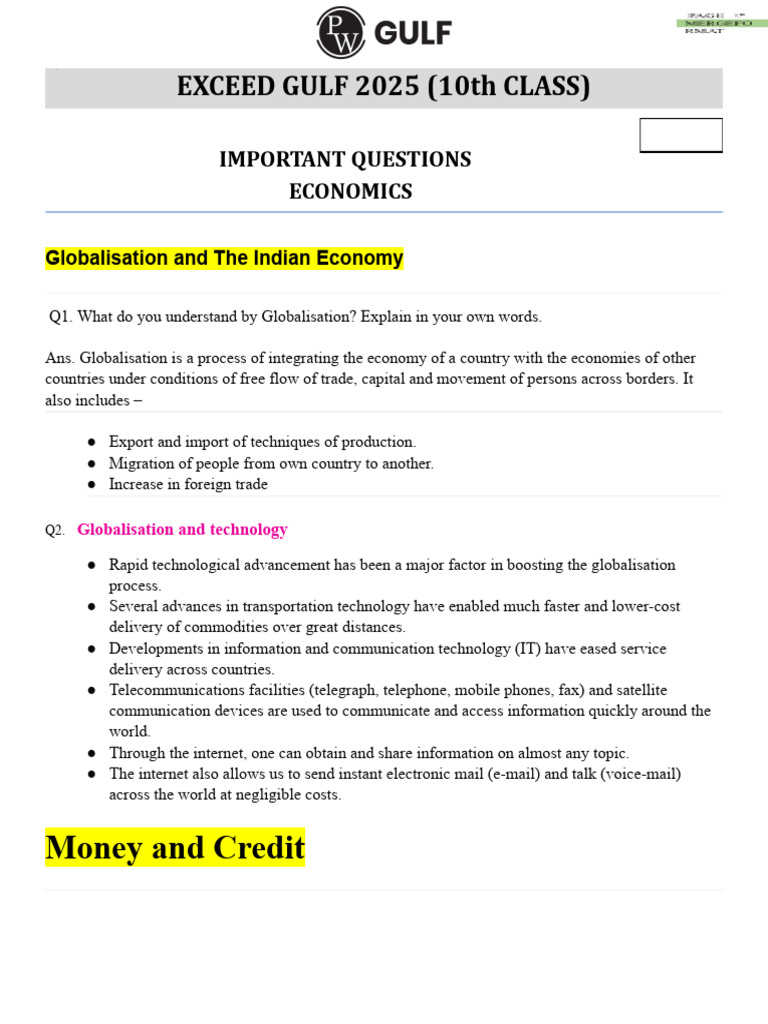 Economics Note Important Questions | PDF | Loans | Credit