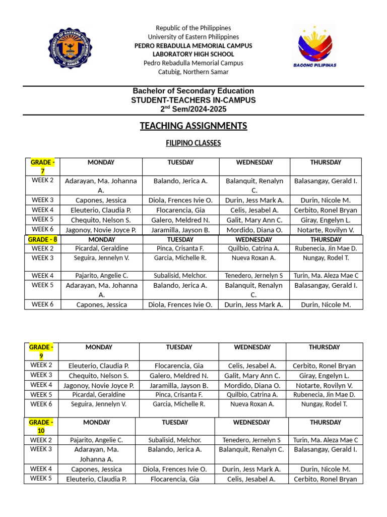 Teaching Assignments for Filipino Classes | PDF