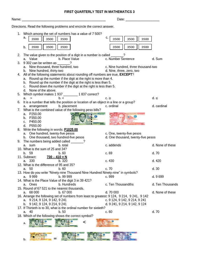 Mathematics 3 Quarterly Test Questions | PDF | Arithmetic | Mathematics