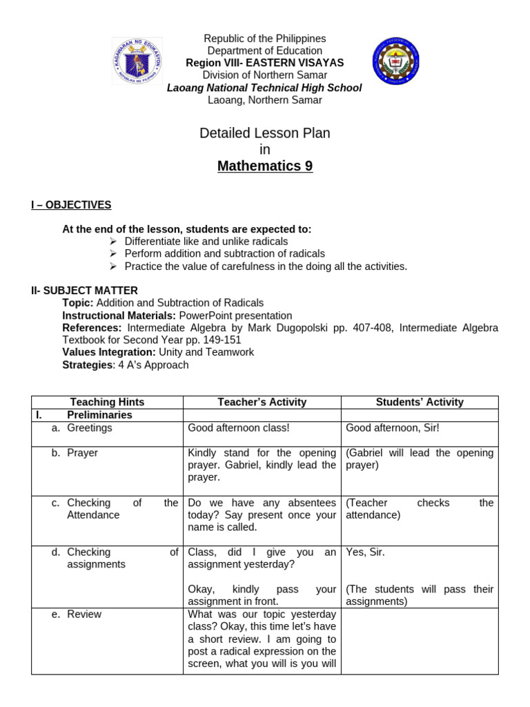 Math 9 Lesson Plan: Radicals Operations | PDF | Mathematics