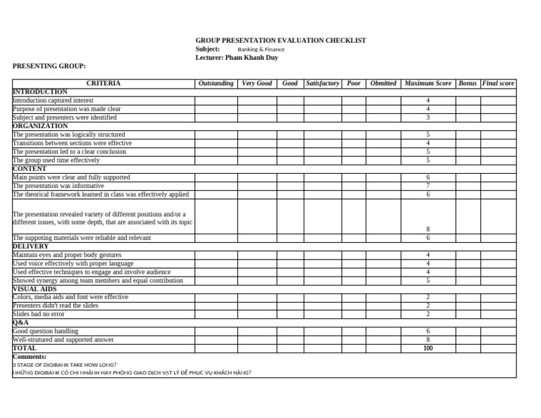 Group Presentation Evaluation Checklist | PDF | Cognition | Human ...