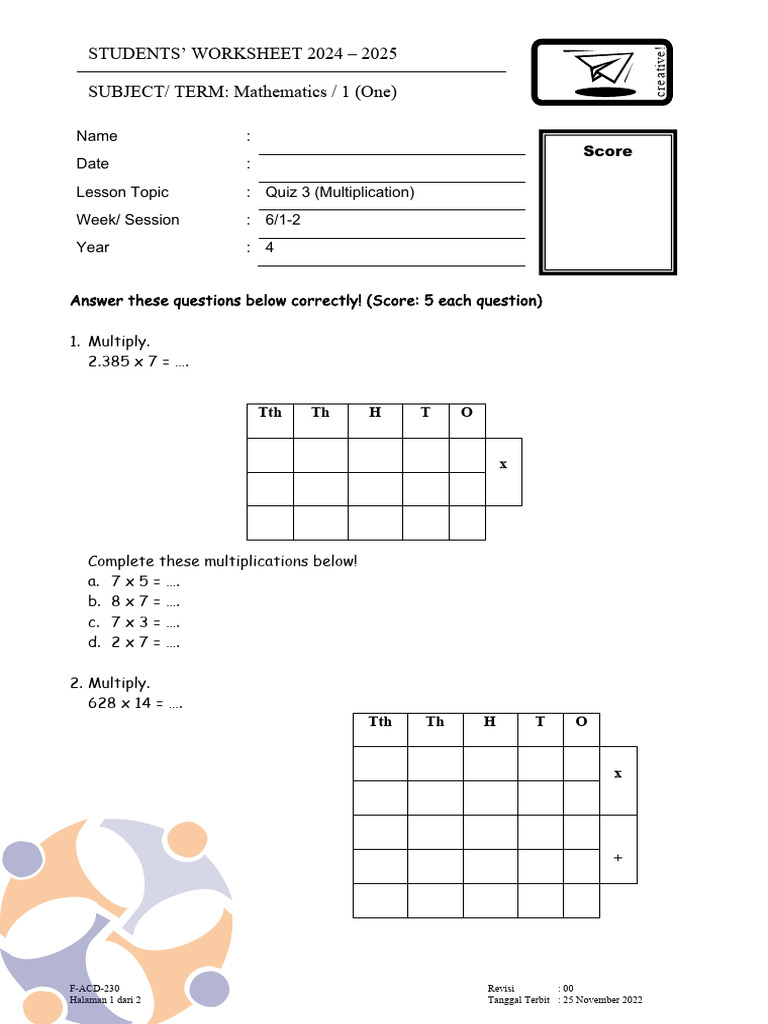 Math Worksheet for Students 2024-2025 | PDF