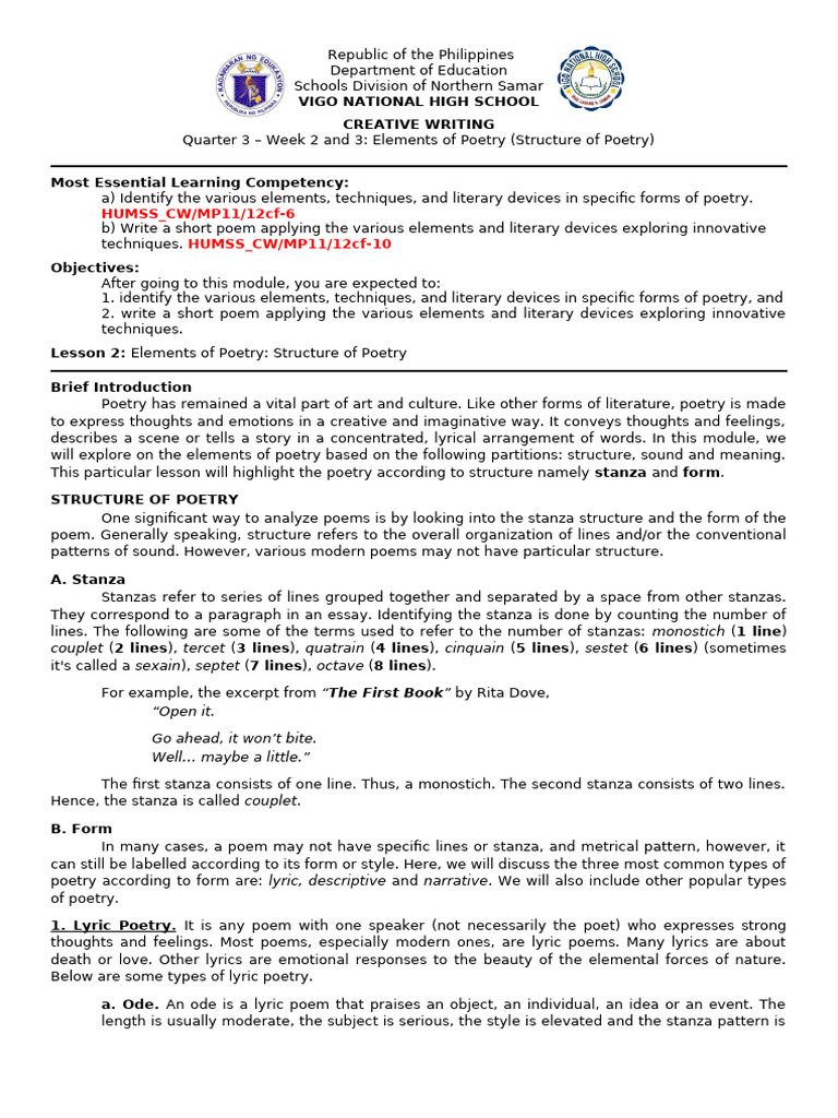 Elements of Poetry: Structure Guide | PDF | Poetry | Metre (Poetry)