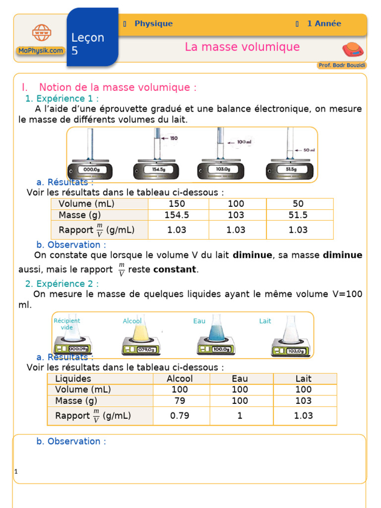 Masse volumique des liquides et solides PDF Densité Masse — free download