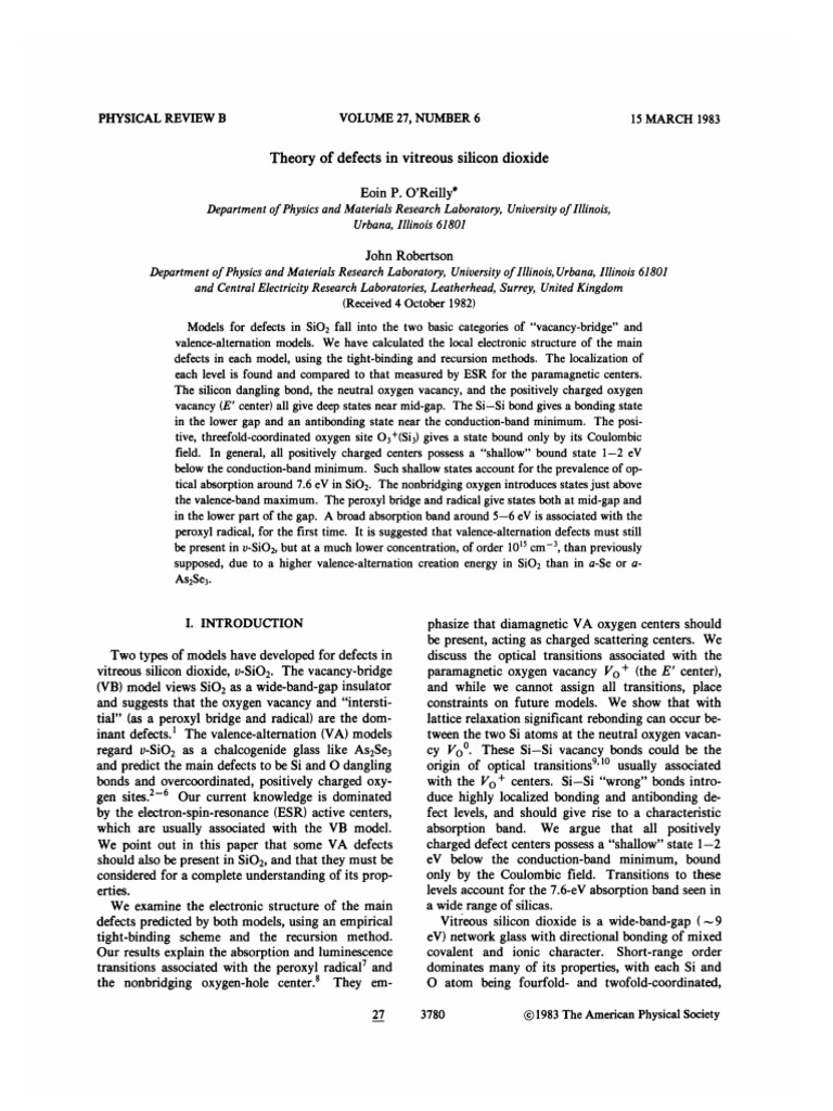 Defect Models in Vitreous SiO2 | PDF | Chemical Bond | Silicon