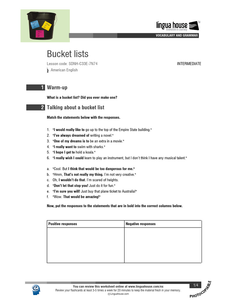 Bucket List Vocabulary & Grammar Guide | PDF