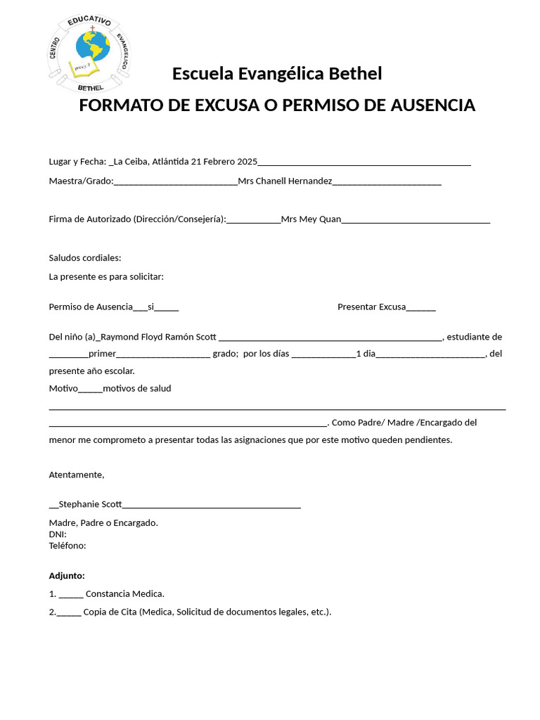 Formato de Permiso Escolar Bethel | PDF