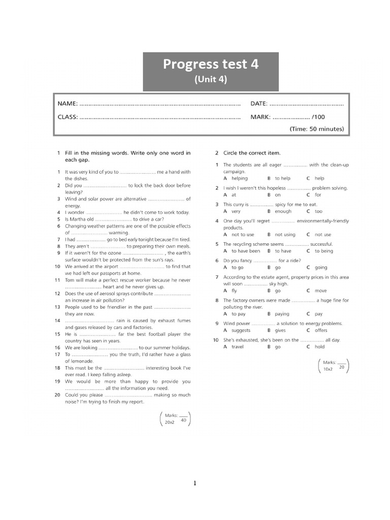 04 Progress Test 4 UPBEAT 6 | PDF