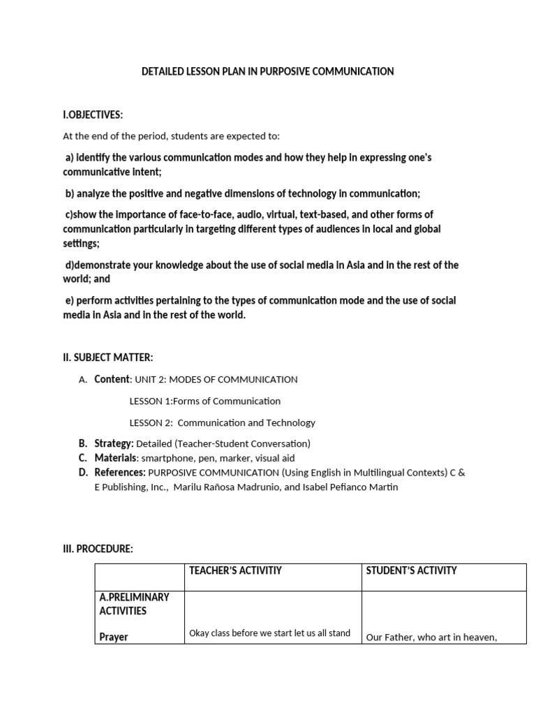 Purposive Communication Lesson Plan | PDF | Communication | Lord's Prayer