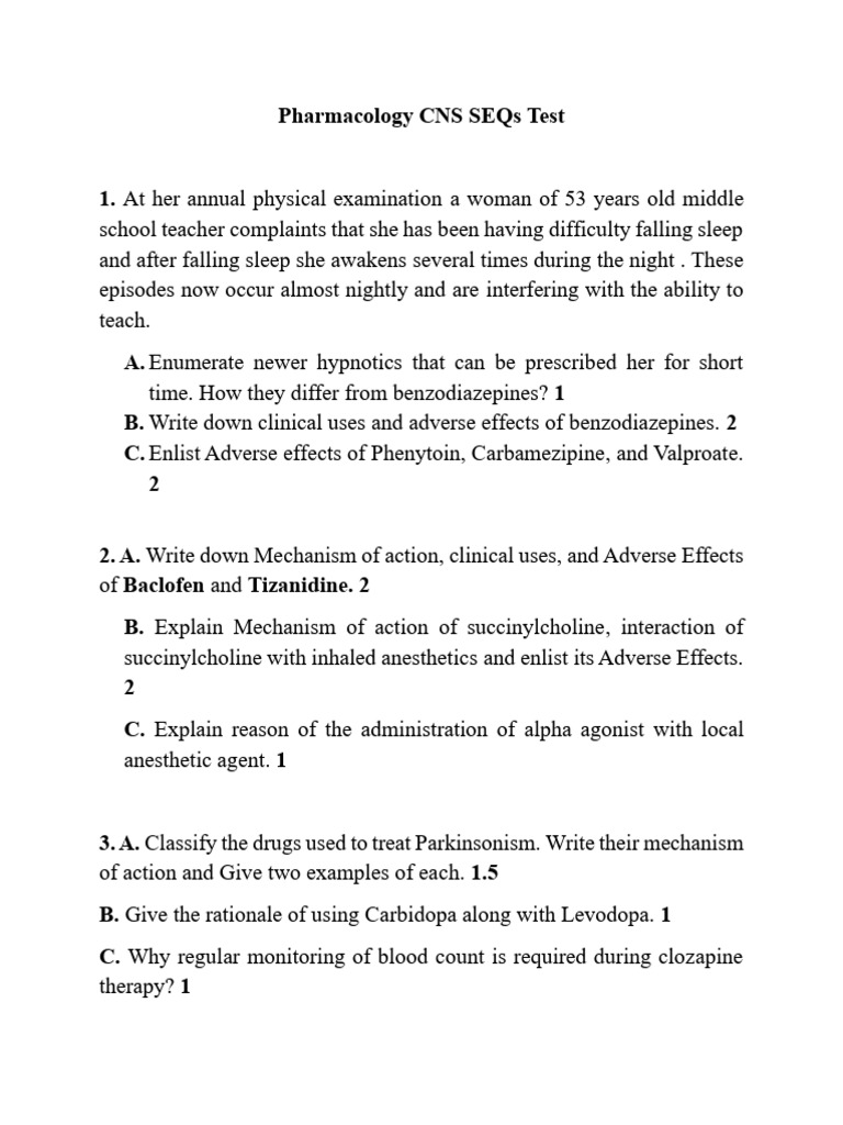 CNS Pharmacology SEQs Test Guide | PDF