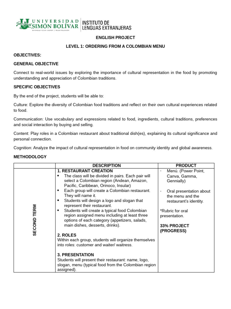 Colombian Menu Project for Students | PDF | Waiting Staff | Menu