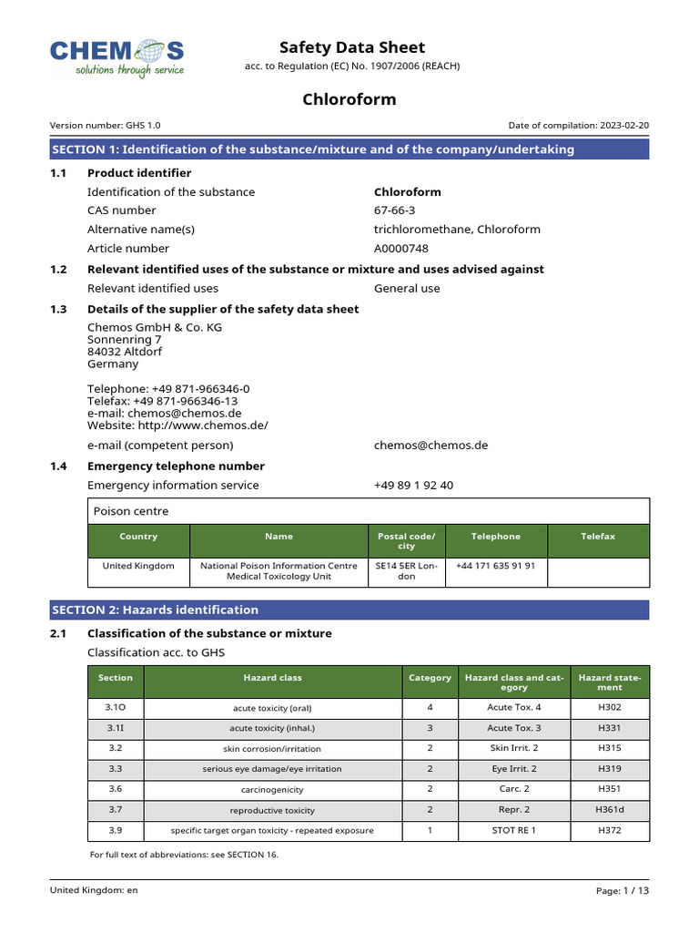 Chloroform Safety Data Sheet | PDF | Dangerous Goods | Toxicity