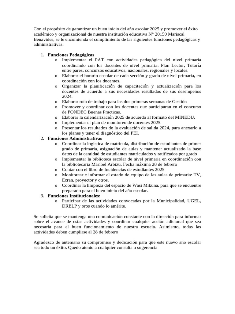 Plan Escolar 2025: Funciones y Metas | PDF