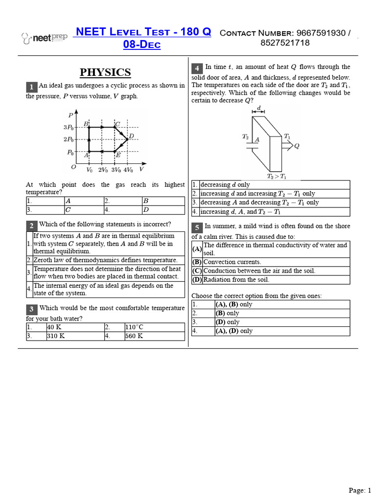 Question Paper Neet Mock Test | PDF | Gases | Temperature